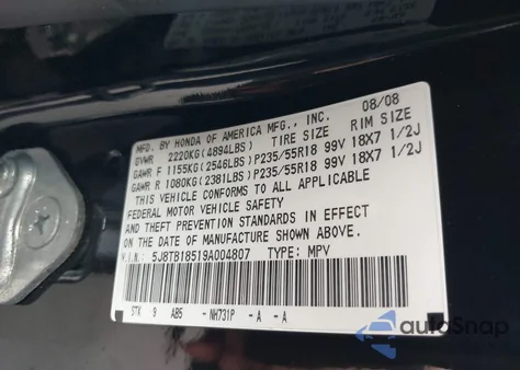2009 Acura Rdx from USA, damaged, VIN 5J8TB18519A004807